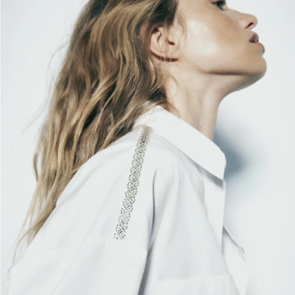 ❗️SOLD❗️ZARA BEADED SHOULDER POPLIN SHIRT WHITE - Picture 7 of 7